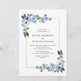 Invitation cadre fleuri bleu et vert mariage