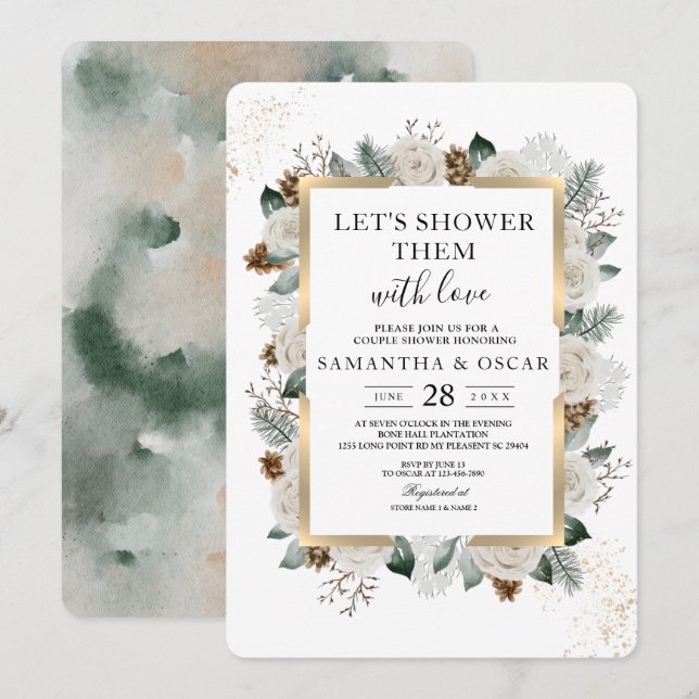 Invitation Cadre Fleurs Blanches & Pin Peinture d'Hiver (Devant / Derrière)