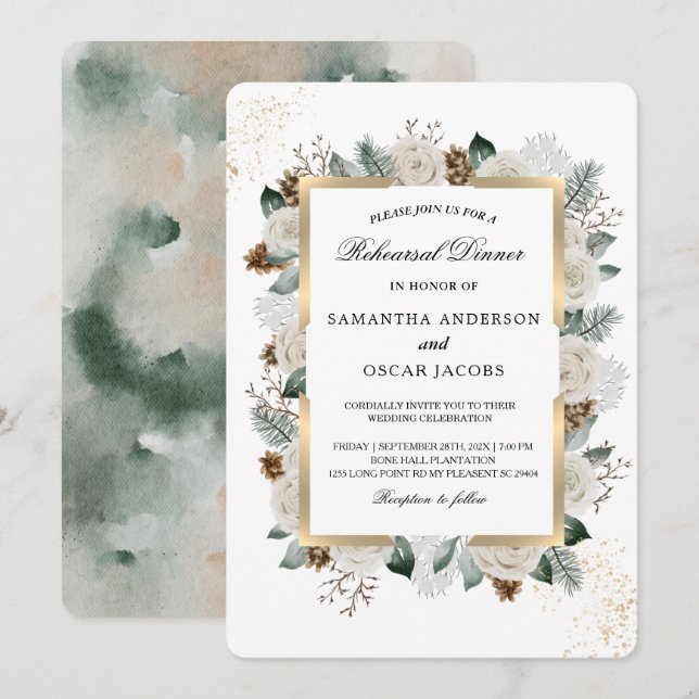 Invitation Cadre Fleurs & Pin Blanc Aquarelle d'Hiver (Devant / Derrière)
