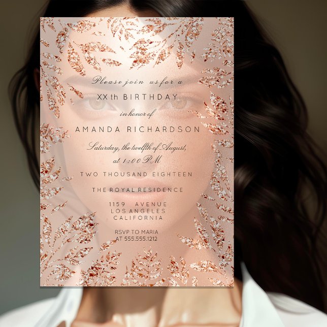 Invitation Cadre floral à feuilles de paillettes or rose et c (Pink Rose Gold Glitter Leafs Floral Frame Crystal Invitation)