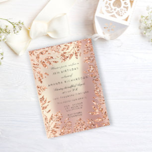 Invitation Cadre floral à feuilles pailletées or rose pastel 