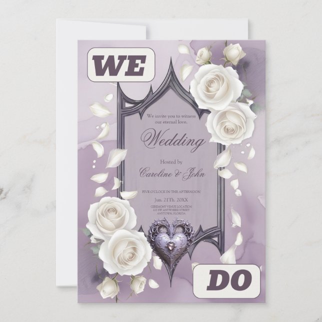 Invitation Cadre floral avec coeur et roses blanches (Devant)