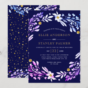 Invitation Cadre floral avec confetti or bleu marine mariage