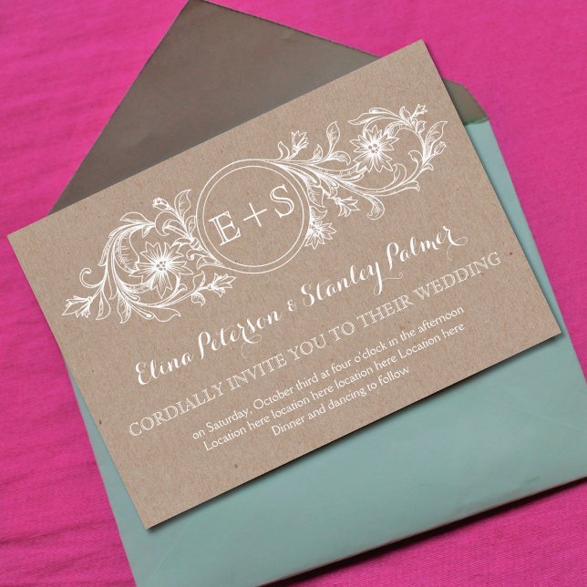 Invitation Cadre floral blanc, initiales mariage papier kraft (Créateur téléchargé)
