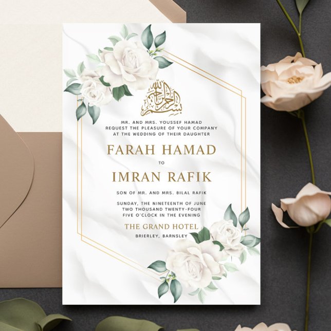 Invitation Cadre floral blanc ivoire Mariage musulman musulma (Créateur téléchargé)