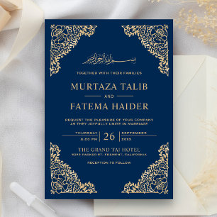 Invitation Cadre Floral Bleu et Or Mariage Islamique Musulman