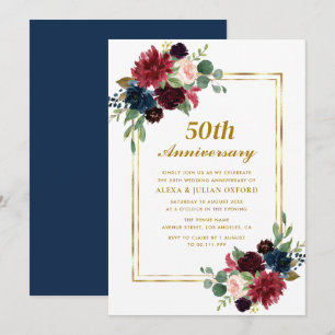 Invitation cadre floral bleu marine bordeaux 50e anniversaire