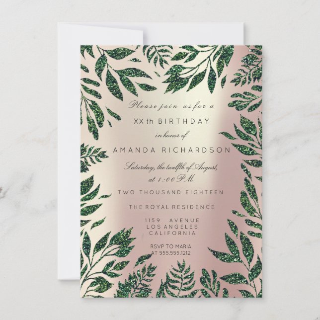 Invitation Cadre floral de feuilles de paillettes en or rose (Devant)