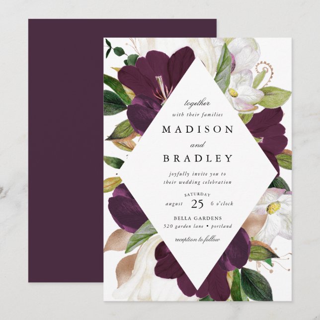 Invitation Cadre floral de prune foncée | MARIAGE (Devant / Derrière)