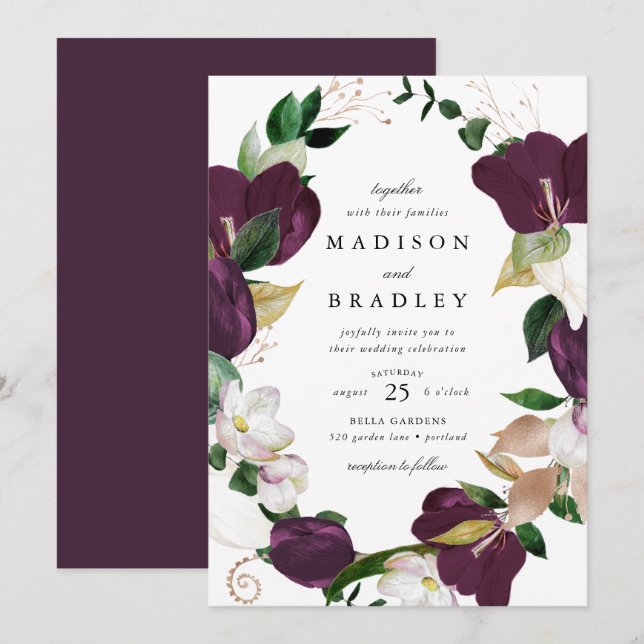 Invitation Cadre floral de prune foncée | MARIAGE (Devant / Derrière)