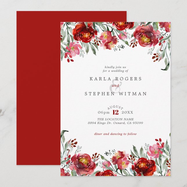 Invitation Cadre floral du jardin rouge profond (Devant / Derrière)