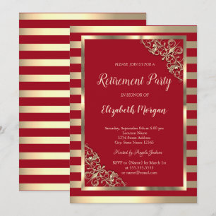 Invitation Cadre Floral Élégant Or Rayé Rouge Retraite