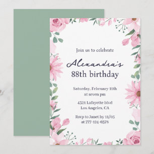 Invitation Cadre floral élégant vert rose 88e anniversaire