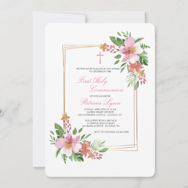 Invitation Cadre floral en carton d'invitation rose (Devant)