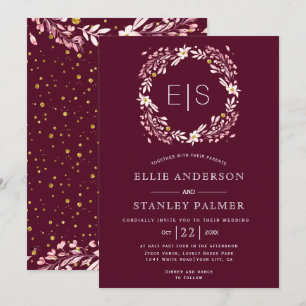 Invitation Cadre floral et confetti or mariage bordeaux