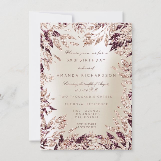Invitation Cadre floral feuilles pailletées or rose Bourgogne (Devant)