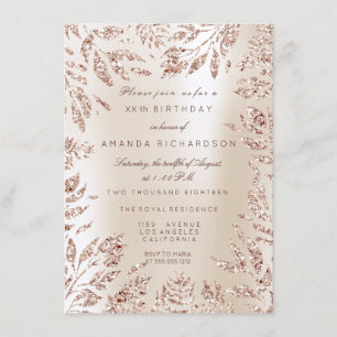 Invitation Cadre floral feuilles paillettes or rosé crème ivo