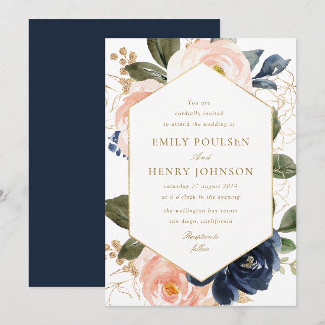 Invitation Cadre floral marine et rose bleu mariage d'aquarel (Devant / Derrière)