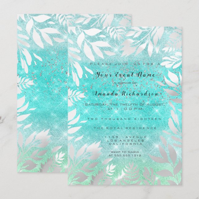 Invitation Cadre floral ombré pailleté ciel océan bleu (Devant / Derrière)