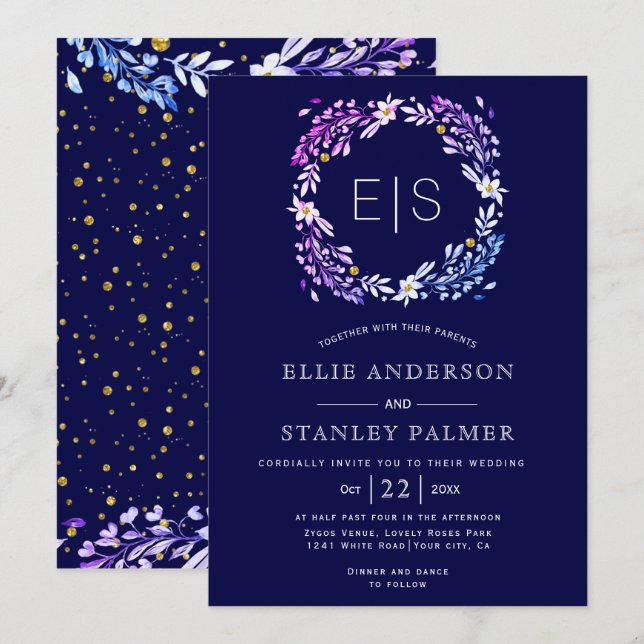 Invitation Cadre floral or confetti marine bleu mariage (Devant / Derrière)