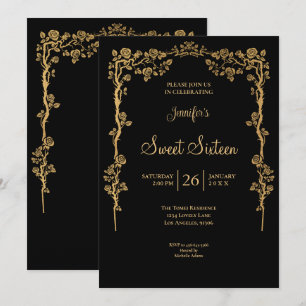 Invitation Cadre floral orné d'or Sweet 16