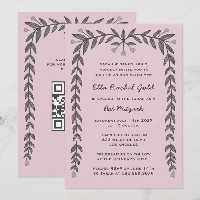 Invitation Cadre floral personnalisé QR Code moderne BarBat M (Devant / Derrière)