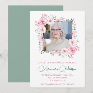Invitation Cadre floral photo rose vert 93e anniversaire