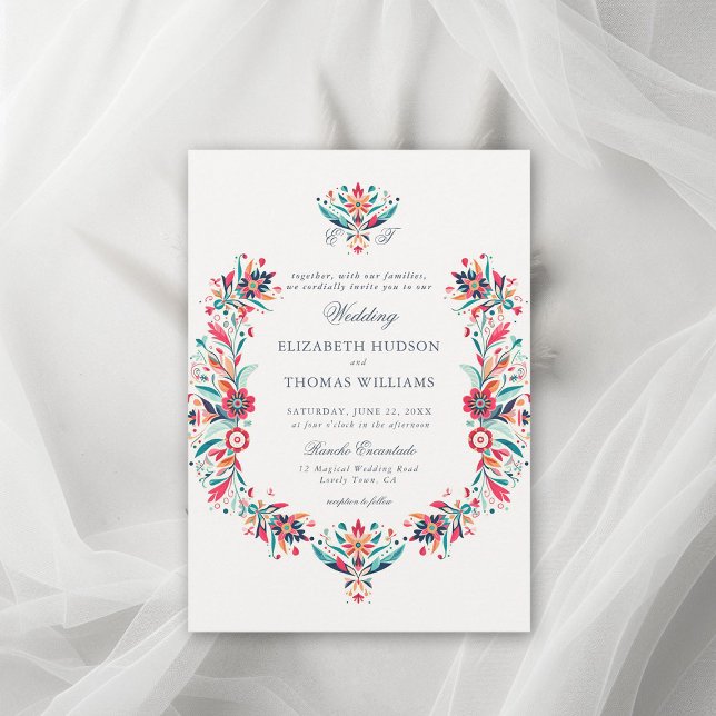 Invitation Cadre Floral Rancho mexicain Élégant Mariage Crest (rancho wedding mexican invitation floral frame watercolor wildflower formal classic traditional)