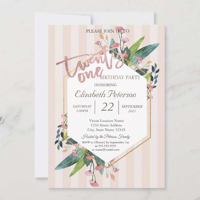 Invitation Cadre floral rayé 21e fête d'anniversaire (Devant)