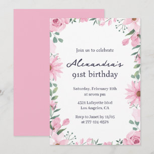 Invitation Cadre floral rose 91e anniversaire