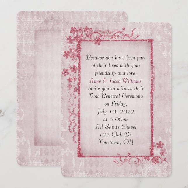 Invitation cadre floral rose antique pour Vow Renewal (Devant / Derrière)