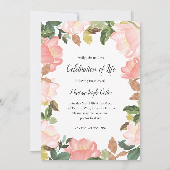 Invitation Cadre Floral Rose Élégant Célébration De La Vie (Devant)