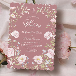 Invitation Cadre floral rose poudrée pour mariage religieux