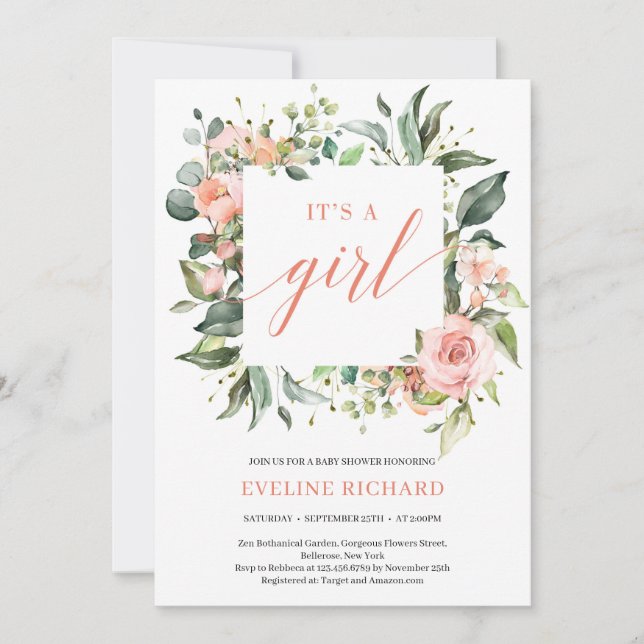Invitation Cadre floral rose vif vert boho c'est une fille (Devant)