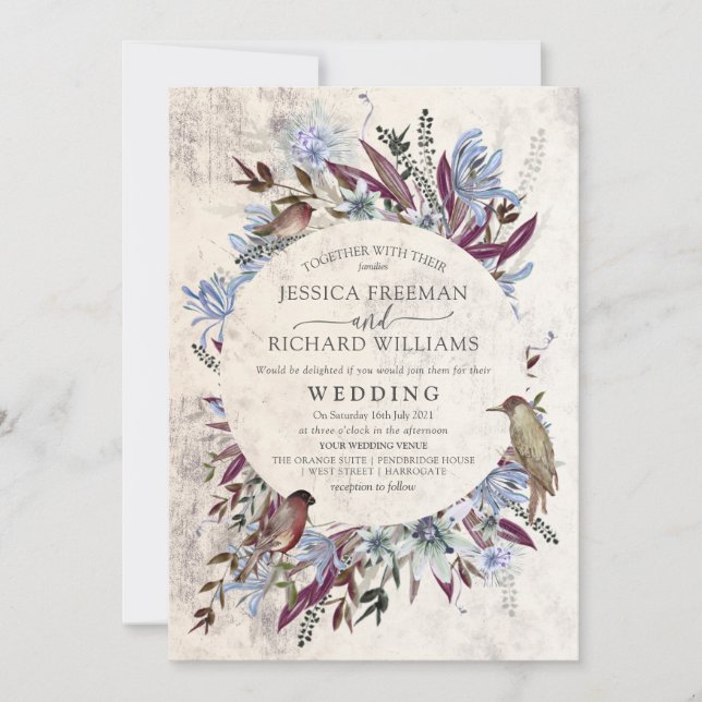 Invitation Cadre floral rustique avec oiseaux (Devant)