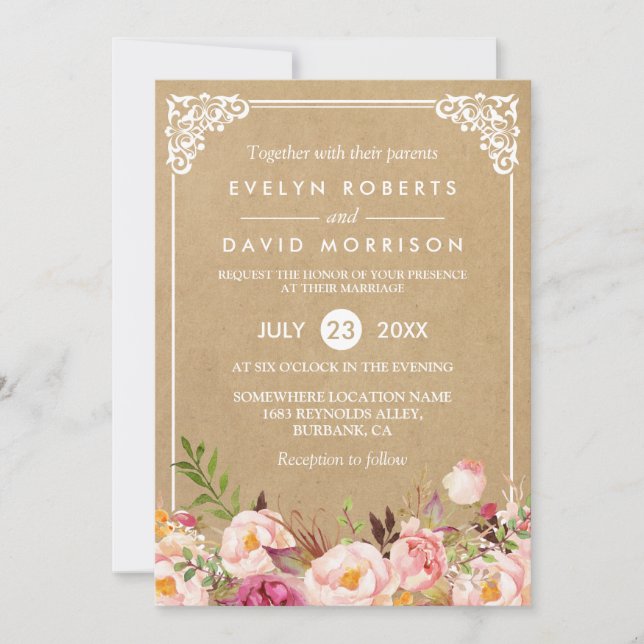 Invitation Cadre Floral Rustique Classique Kraft | Mariage of (Devant)