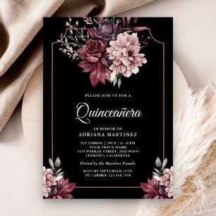 Invitation Cadre floral sombre et lunatique Quinceanera noir