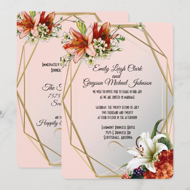 Invitation Cadre géométrique avec Mariage de Lys tropicaux (Devant / Derrière)