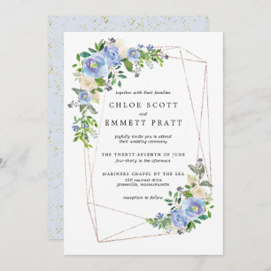 Invitation Cadre géométrique bleu Hydrangea Floral Or