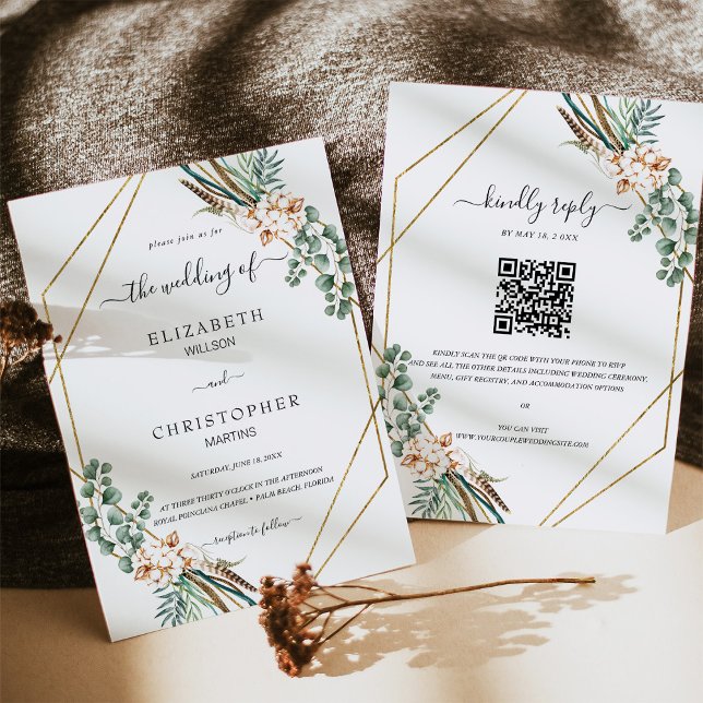 Invitation Cadre géométrique Boho vert Code QR Mariage RSVP (Créateur téléchargé)
