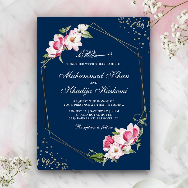 Invitation Cadre géométrique floral Marine bleu Mariage islam (Créateur téléchargé)