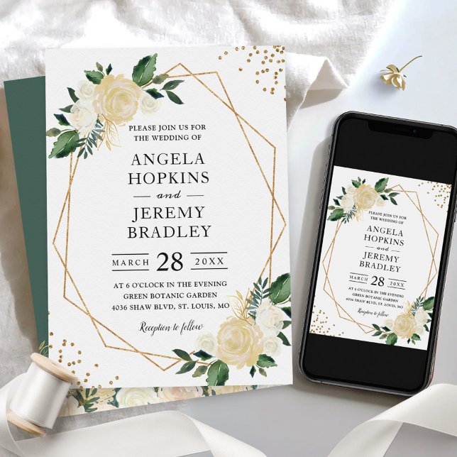 Invitation Cadre géométrique moderne Nature Vert Mariage Flor (Créateur téléchargé)