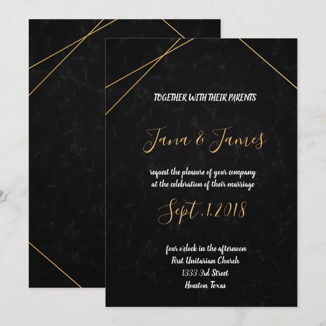 Invitation Cadre géométrique noir et or chic (Devant / Derrière)
