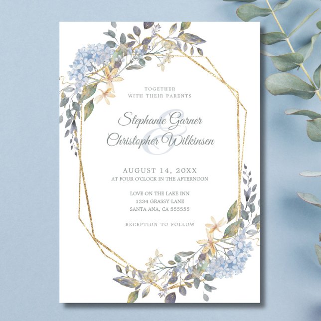 Invitation Cadre géométrique or Fleurs mariage Dusty Blue (Créateur téléchargé)