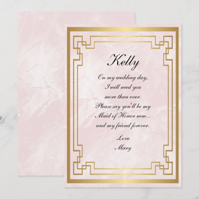 Invitation Cadre Géométrique Or Marbre Rose Maid Of Honor (Devant / Derrière)
