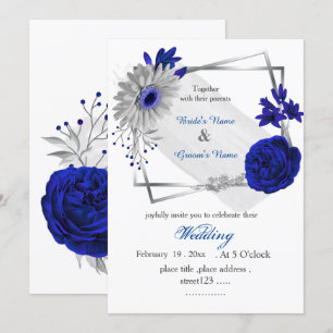 Invitation cadre géométrique royal bleu fleurs argent