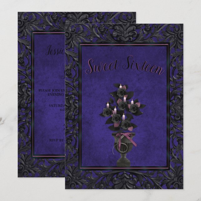 Invitation Cadre gothique bleu Rose noir et bougies sucré 16 (Devant / Derrière)