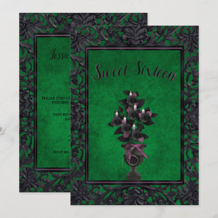 Invitation Cadre gothique vert Rose noir & bougies doux 16