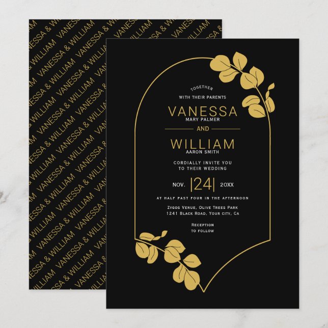 Invitation Cadre inspiré des bijoux en or et mariage feuille (Devant / Derrière)