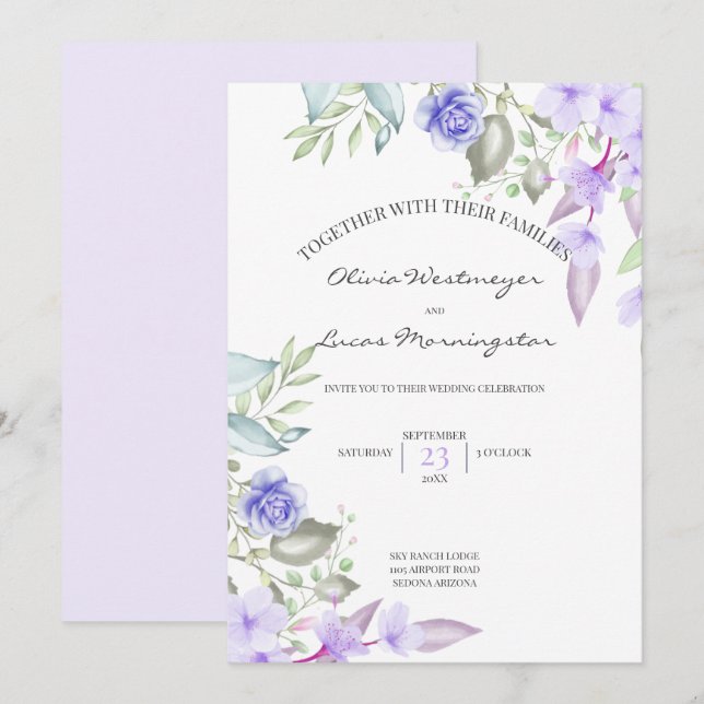 Invitation Cadre Lilac et Fleurs à ressort rose (Devant / Derrière)